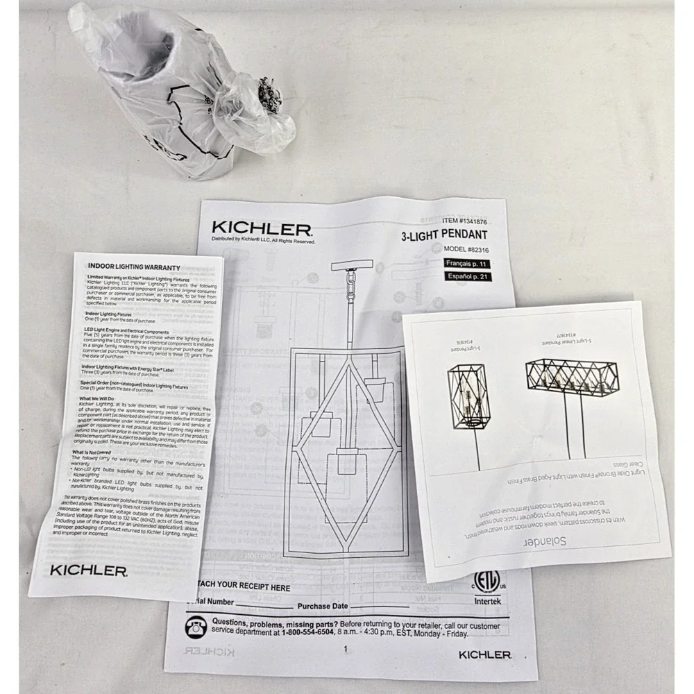 Kichler Solander 1341876 3 Light Pendant Olde Bronze Clear Glass Geometric NEW